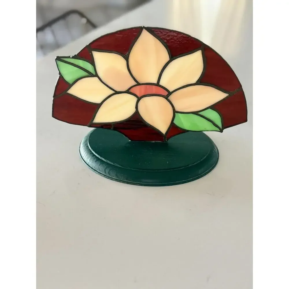 Vintage Stained Glass Flower Panel Wood Stand Tiffany Style Floral Decor